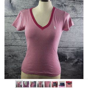 Ralph Lauren Women sz S V neck tee shirt stripe Pink White 100% cotton